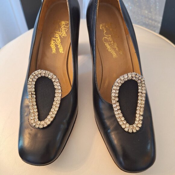 Vintage Ferragamo Black Leather Pumps Heels with Vintage Rhinestone Toe Clips - Picture 6 of 11